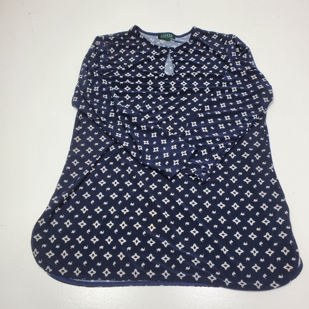 Lauren Ralph Lauren Women Blouse L‎ Tunic Geometric Pattern Navy White Keyhole